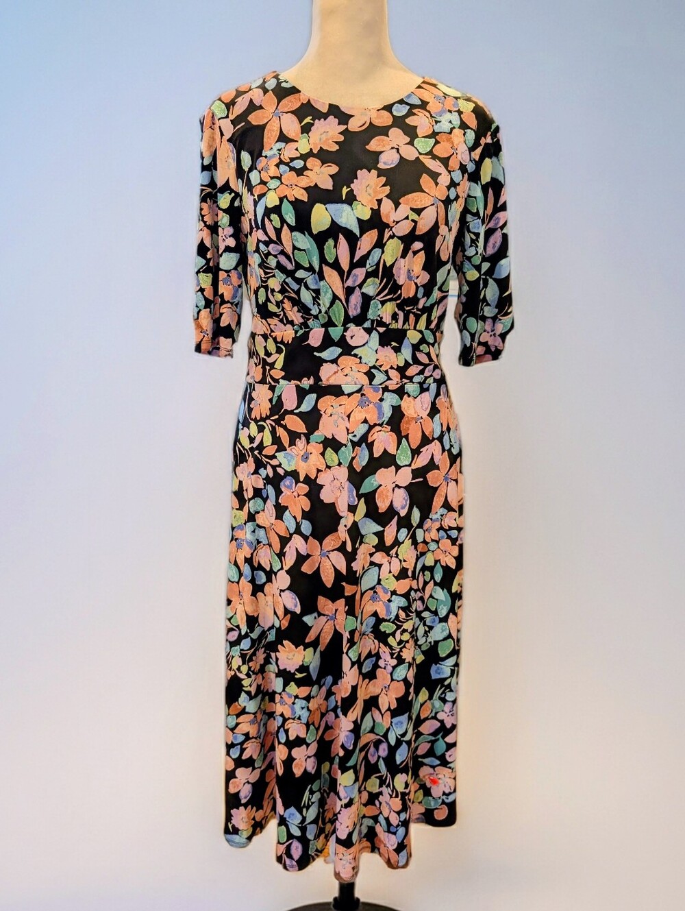 London Times Black Floral Midi Dress with Multicolor Pastel Blooms